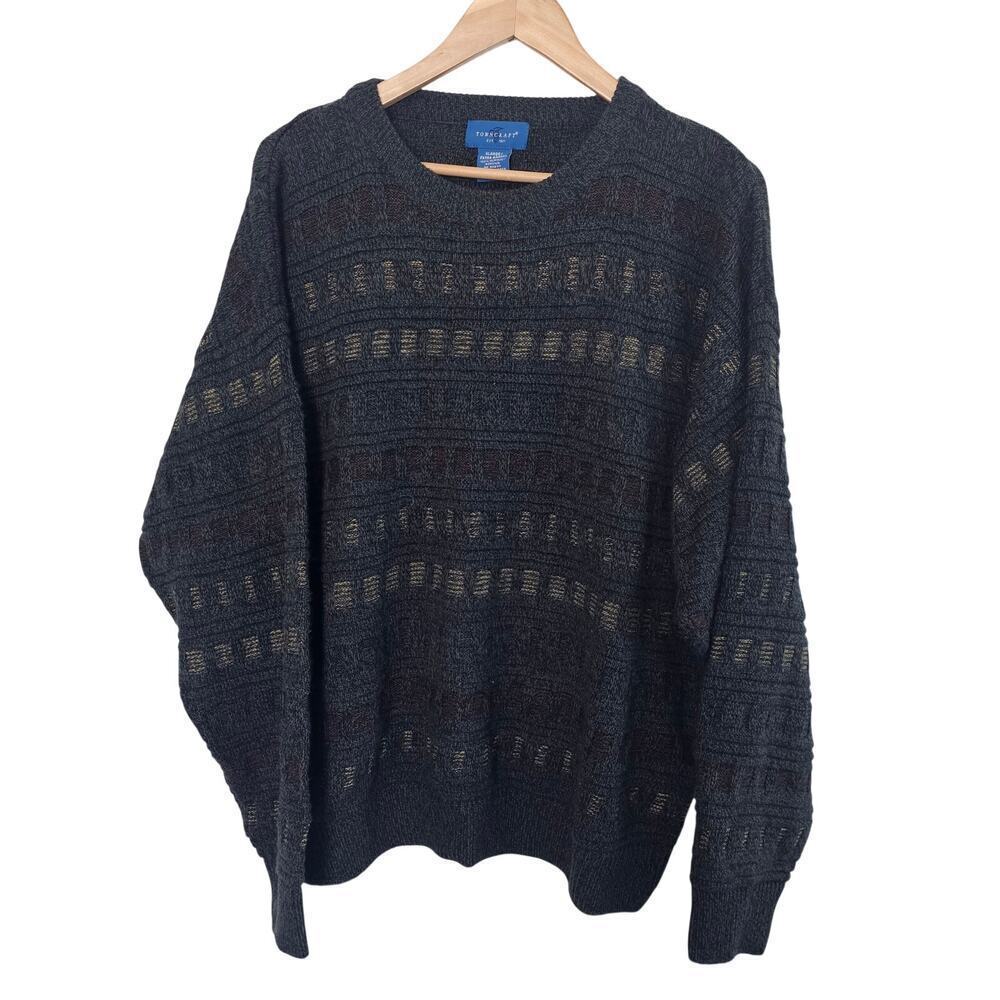 Vintage Towncraft Knit Sweater Mens XL Black 90s Geometric Cosby Academia Retro